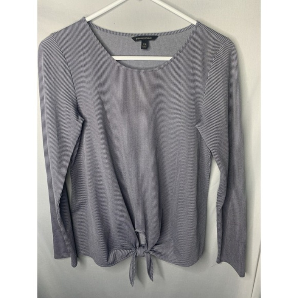 Women's XS Banana Republic Grey Striped Tie Front Blouse Long Sleeve